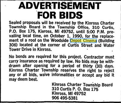 Sept 1990 bid for roof job Depot Cinema (Woodside Depot Cinema, Kinross Depot Cinema), Kinross